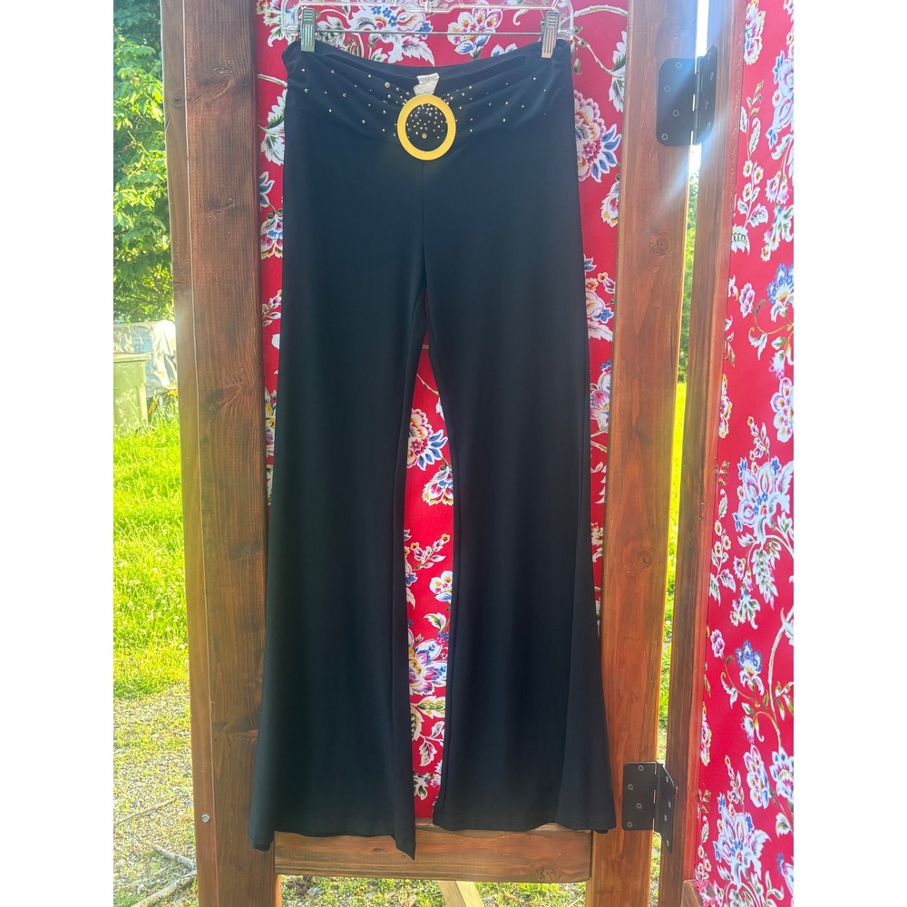 VTG Early 2000's Black Stretchy Low Rise Flare Pull On‎ Belted Pants Size M-L